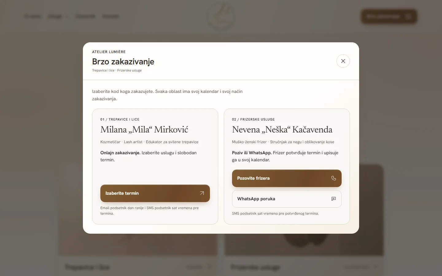 Prozor Brzo zakazivanje na sajtu Atelier Lumière sa dve ravnopravne kartice: onlajn zakazivanje za trepavice i lice, poziv ili WhatsApp za frizerske usluge