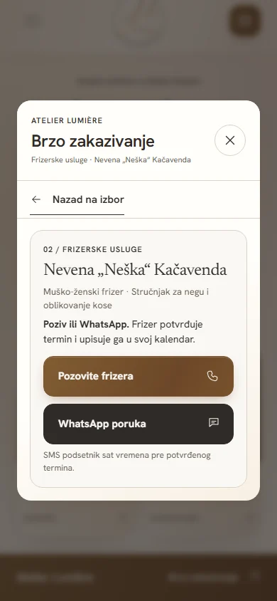 Frizerski korak prozora za zakazivanje na telefonu: dugmad za poziv i WhatsApp poruku i povratak na izbor